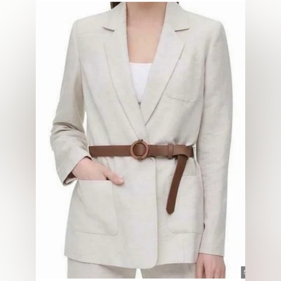 Calvin Klein Beige Linen Blend Blazer With Belt – Size 12 - Picture 2 of 14